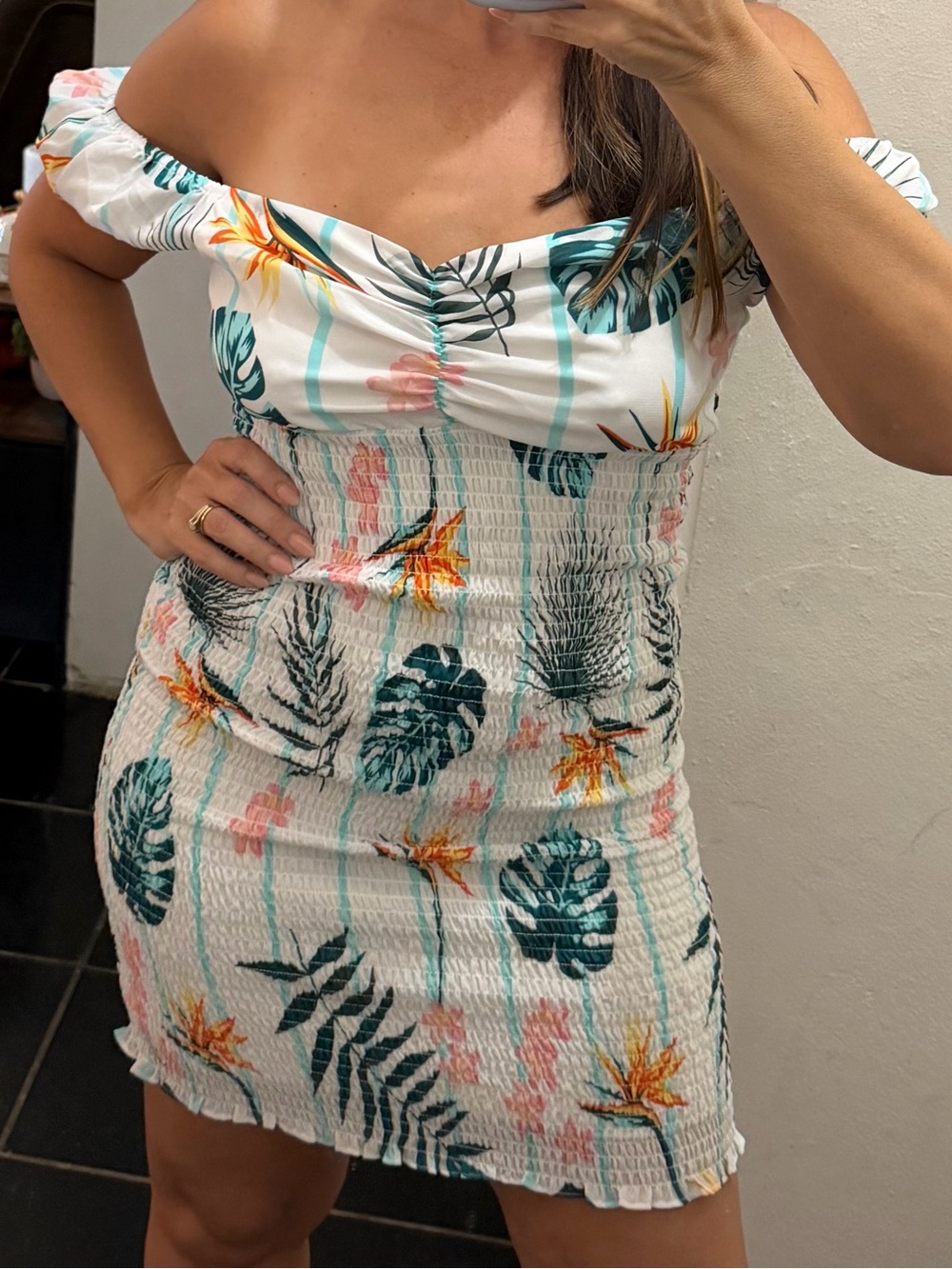 GUESS White Tropical Off-Shoulder Smocked Mini Dress with Teal & Orange Print